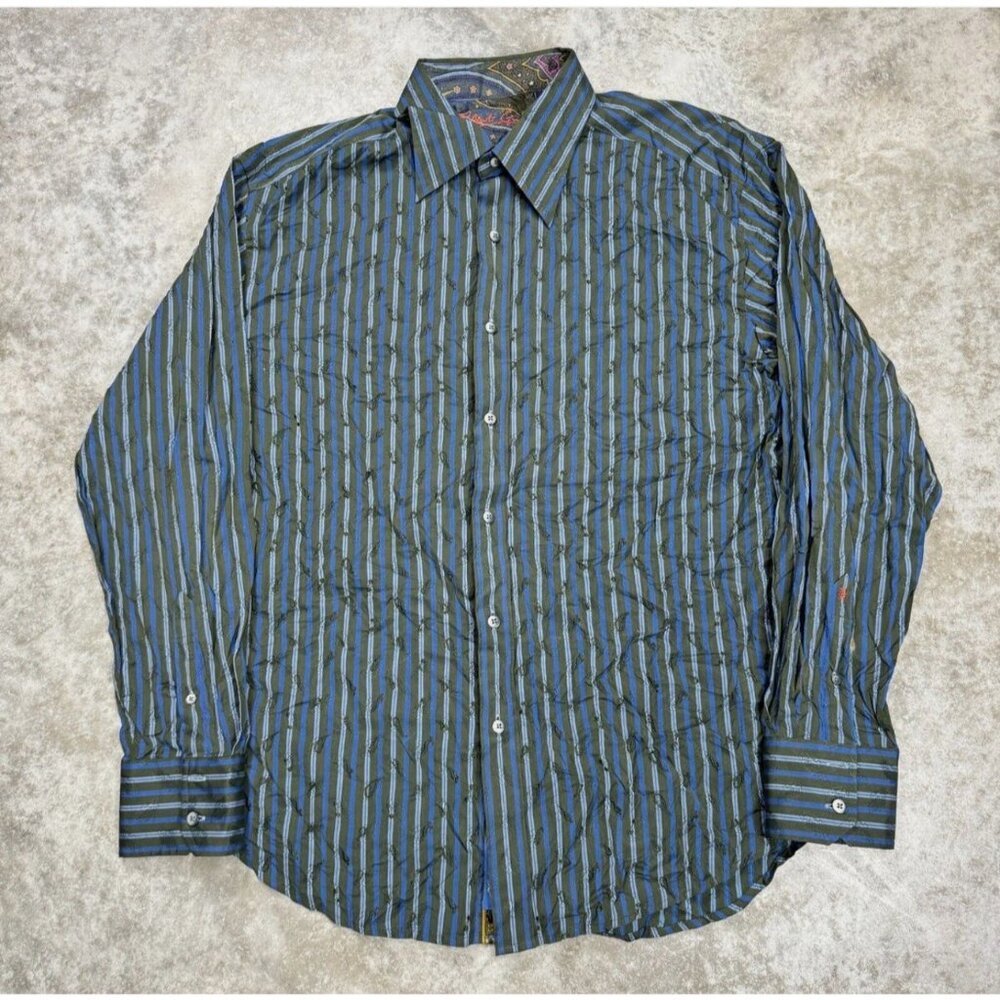 Robert Graham Mens XL Green Blue Button Up Striped Textured Paisley Flip Cuff